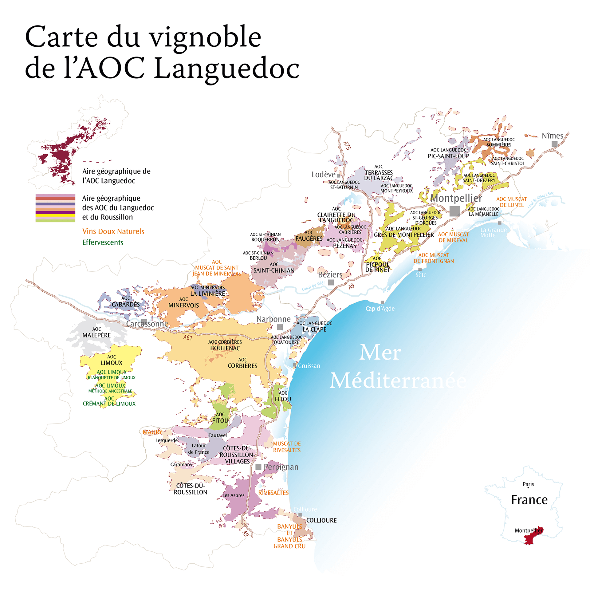 Carte des appellations du Languedoc-Roussillon