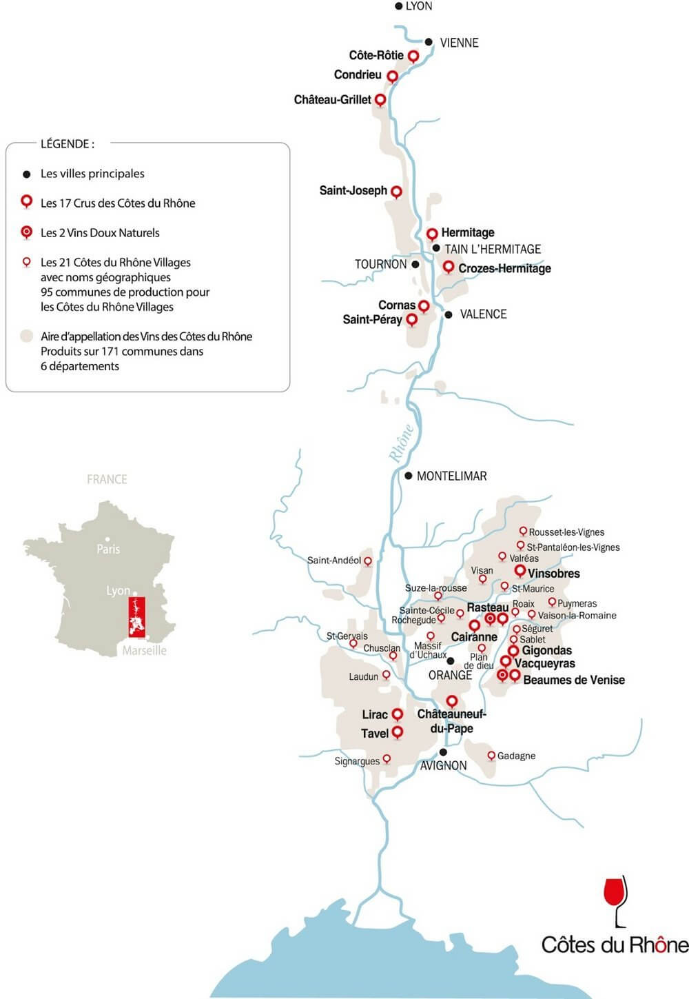 Carte des appellations de la vallée du Rhône